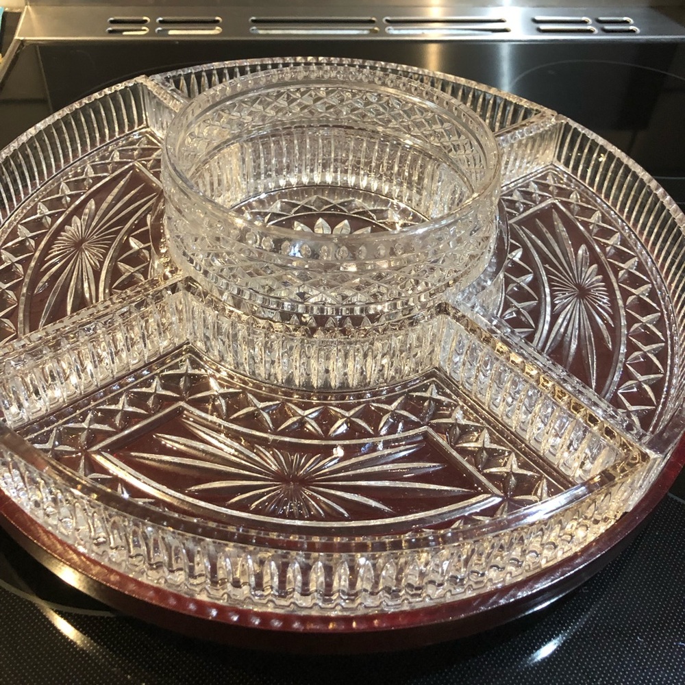 Vintage lazy Susan, wood tray, cut crystal bowl, vegetable try, party tray